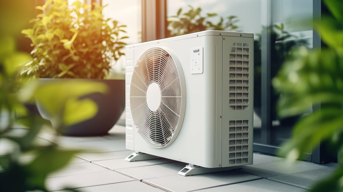 An outdoor heat pump unit on a sunny patio, surrounded by plants, with sunlight casting soft shadows.
