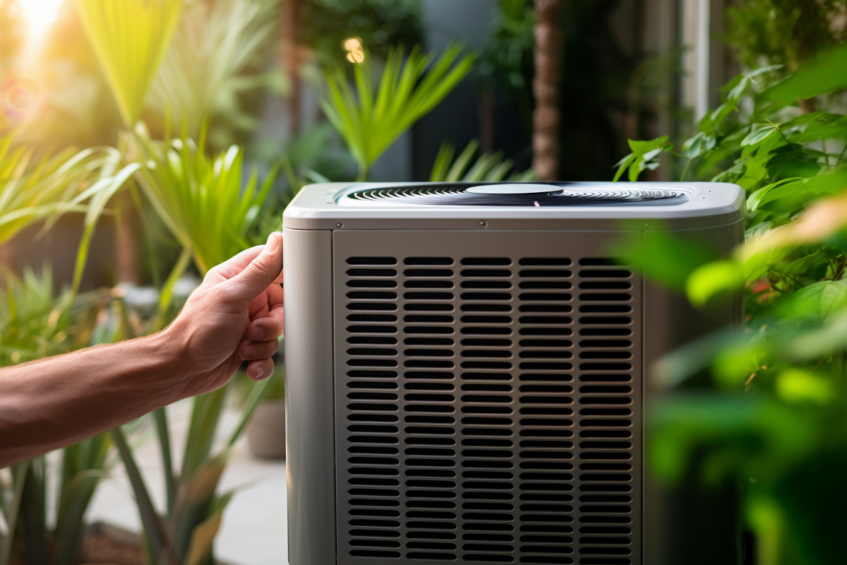 A person's hand adjusting an outdoor air conditioning unit surrounded by lush green plants.