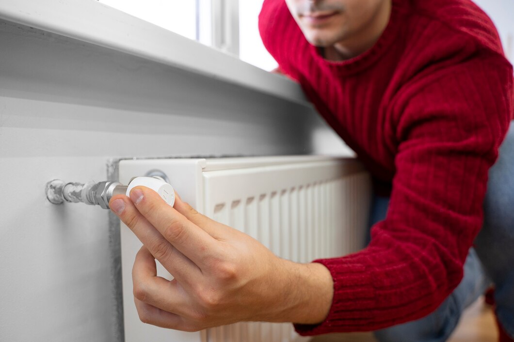 A man in a red sweater adjusting the essential heating system on a white radiator in a bright room. A man in a red sweater adjusting the essential heating system on a white radiator in a bright room.