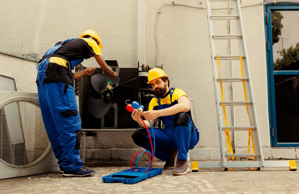 Two HVAC technicians wearing blue overalls and yellow safety helmets work on an air conditioning unit outdoors. One is adjusting the unit's fan while the other checks gauges, addressing common HVAC issues. A ladder is nearby.