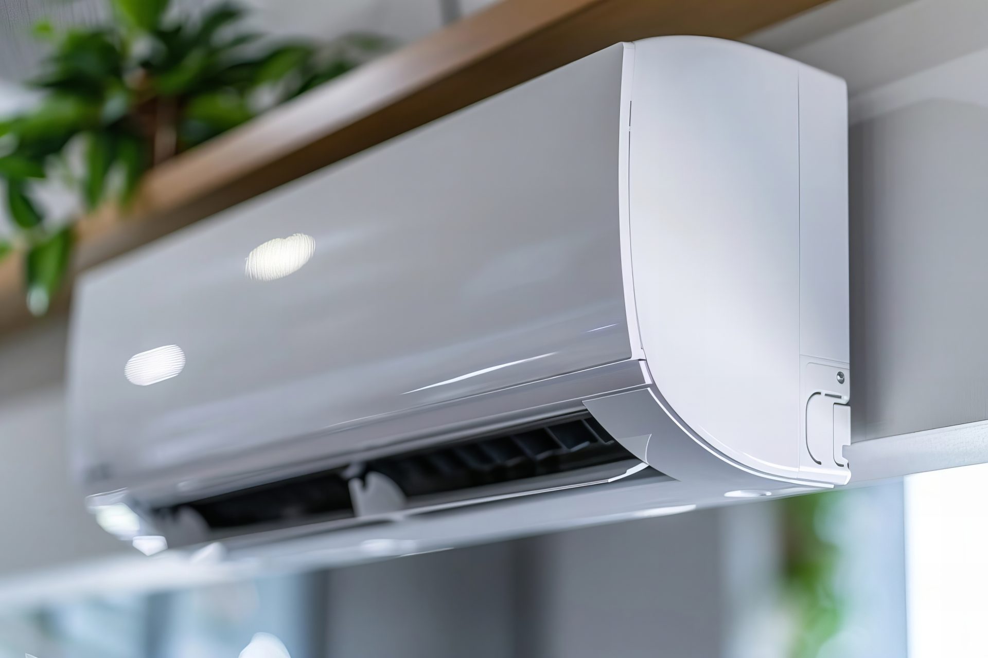 Close-up view of a modern ductless mini split air conditioning unit installed indoors, with part of a green plant visible in the background.