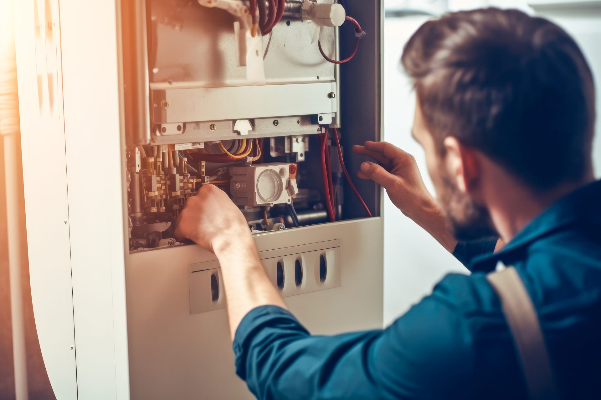 A person is performing furnace maintenance by servicing or repairing the interior components of a wall-mounted boiler or heating system.