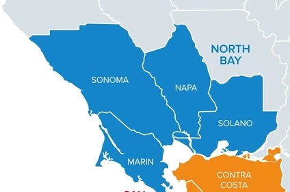 A map highlighting Sonoma, Napa, Solano, and Marin counties in blue as North Bay, and Contra Costa county in orange.