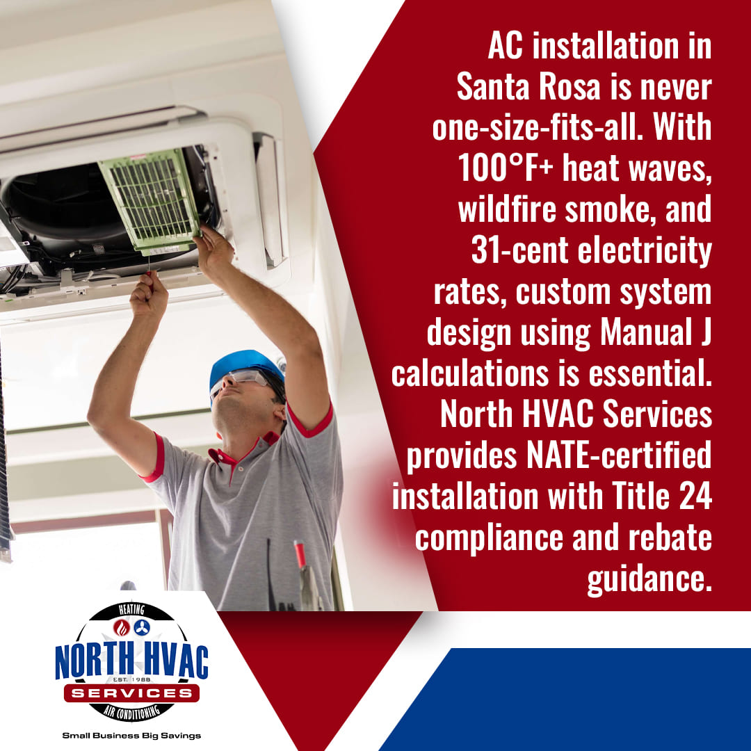 A technician installs an AC unit indoors. Text highlights the need for custom AC design and NATE-certified installation in Santa Rosa due to heat, smoke, and energy costs. North HVAC logo shown.