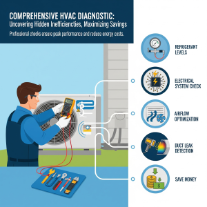 A technician uses a multimeter to diagnose an HVAC unit in Santa Rosa, highlighting checks for refrigerant levels, electrical system, airflow, duct leaks, and ways to save money with professional AC repair.