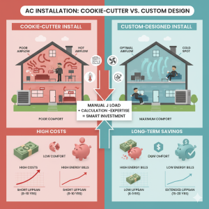 Infographic comparing cookie-cutter vs. custom AC installation Santa Rosa in comfort, cost, energy use, and lifespan—highlighting how custom system design is a smart investment for long-term savings.