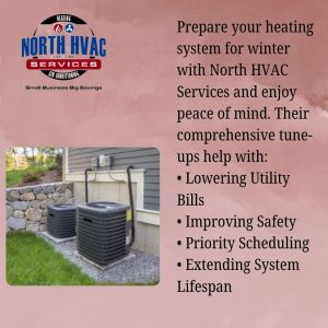 Promotional graphic for North HVAC Services showing an outdoor HVAC unit and listing benefits of their winter tune-ups: lower bills, improved safety, priority scheduling, extended lifespan.