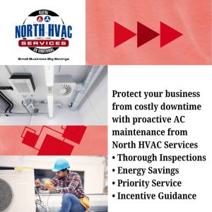 North HVAC Services ad promoting proactive AC maintenance, listing benefits such as inspections, energy savings, priority service, and incentive guidance, with images of HVAC units and a technician.