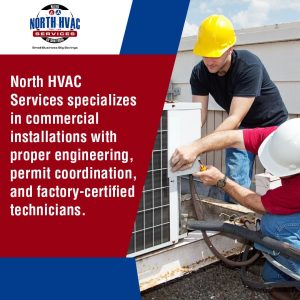 Two technicians in hard hats install an outdoor HVAC unit next to a building, highlighting North HVAC Services’ commercial installation expertise.