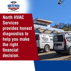 Two North HVAC Services vans are parked outside a building under construction, with company branding and a promotional message about honest diagnostics.