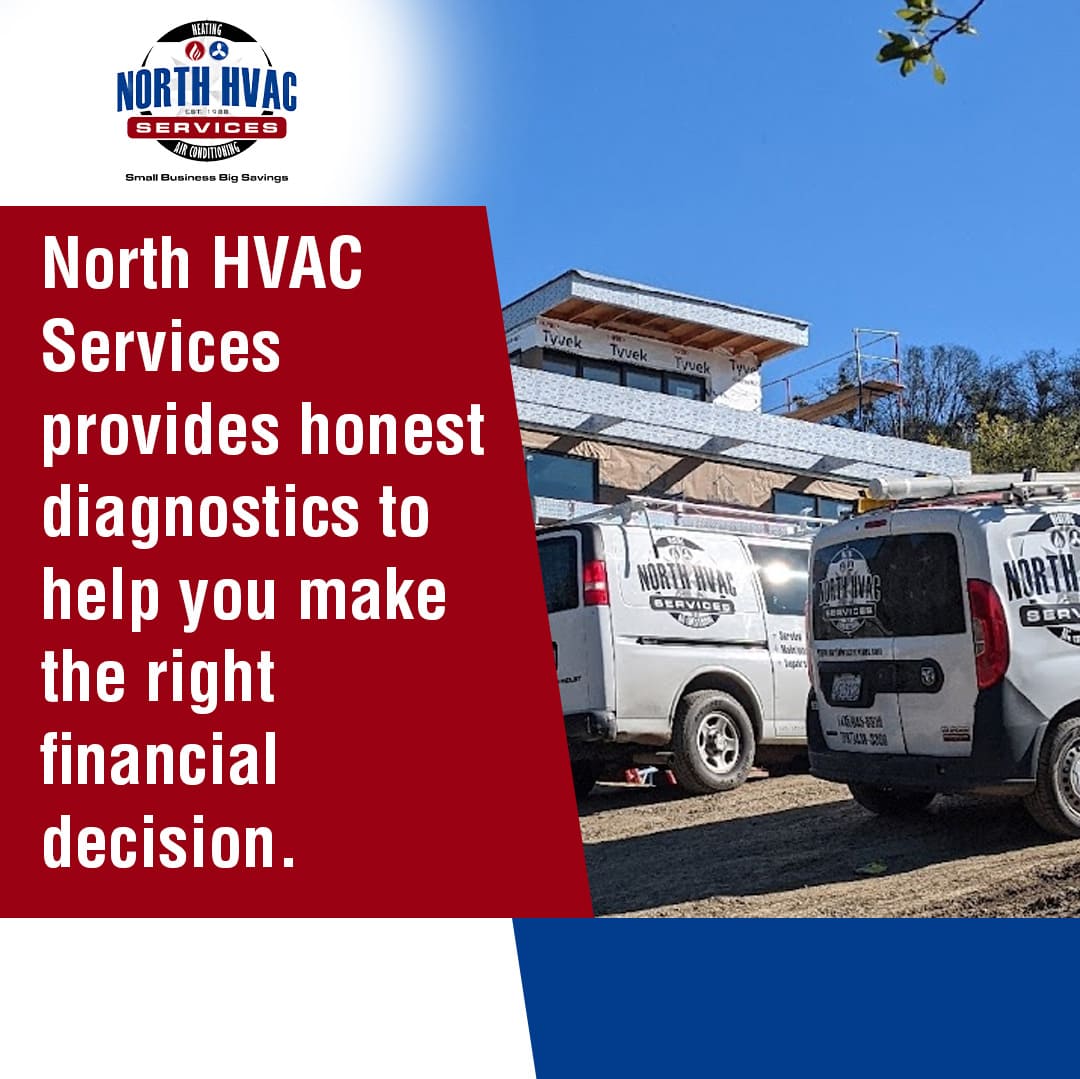 Two North HVAC Services vans are parked outside a building under construction, with company branding and a promotional message about honest diagnostics. Two North HVAC Services vans are parked outside a building under construction, with company branding and a promotional message about honest diagnostics.