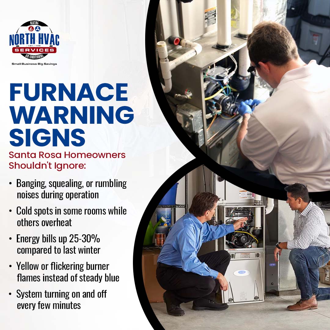Two HVAC technicians inspect furnaces; text lists furnace warning signs such as unusual noises, uneven heating, higher bills, yellow flames, and frequent cycling. North HVAC Services branding is visible.