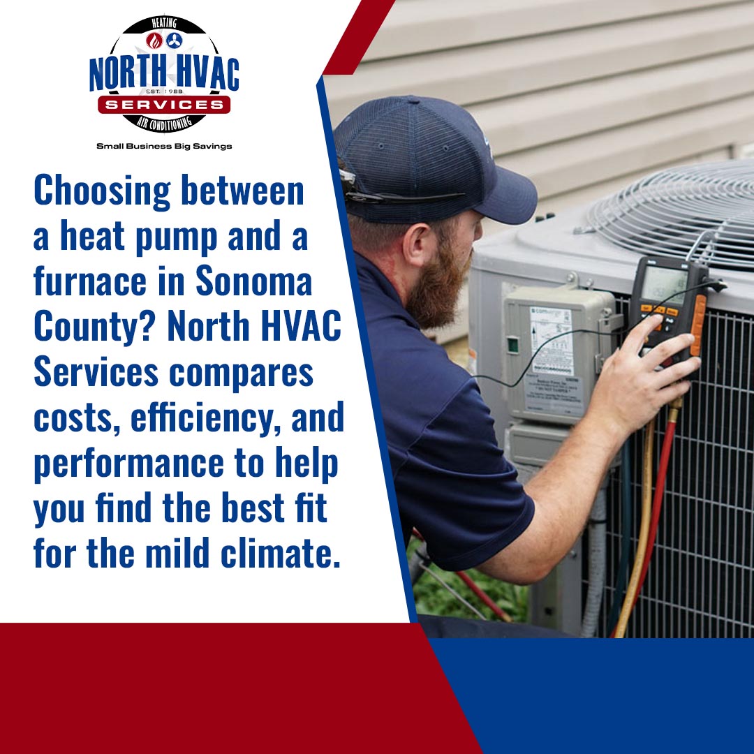 A technician inspects an outdoor HVAC unit; text promotes North HVAC Services' comparison of heat pumps and furnaces for Sonoma County customers.