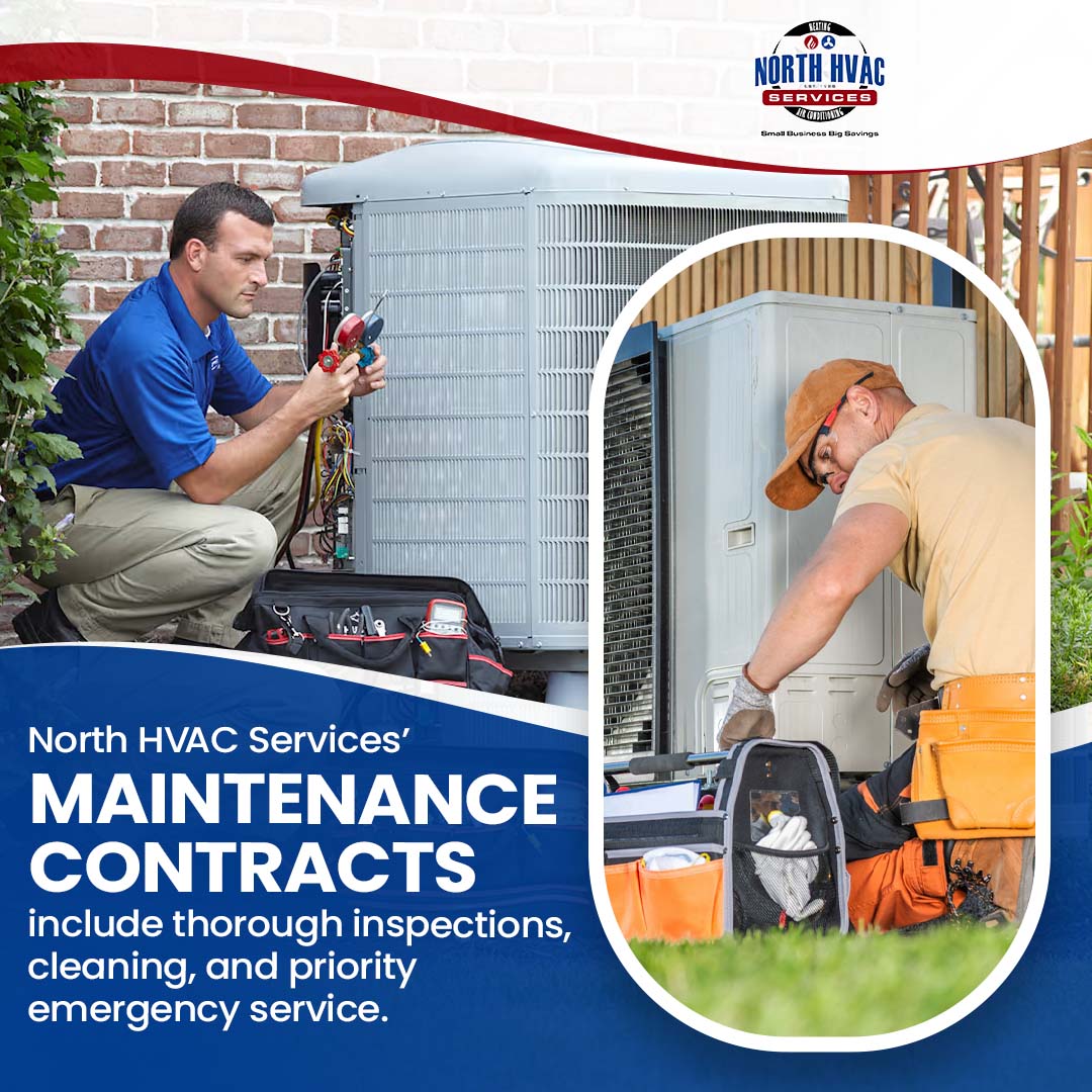 Two HVAC technicians perform maintenance on air conditioning units with tools and equipment. Text promotes North HVAC Services' maintenance contracts, including inspections and emergency service.