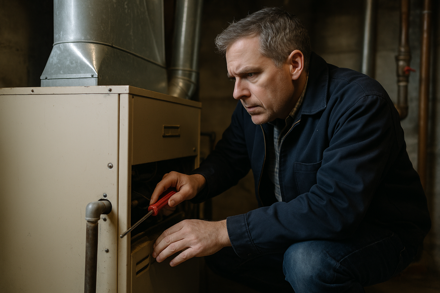 A man in a work jacket uses a screwdriver to repair or inspect an old furnace in a basement, addressing issues before cold weather arrives.