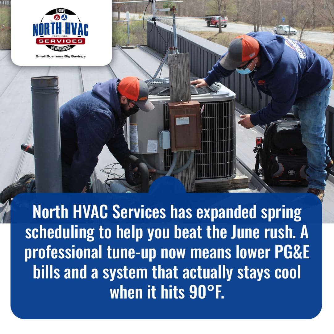 Two HVAC technicians perform maintenance on a rooftop air conditioning unit. A banner below promotes spring scheduling for lower energy bills and reliable cooling during hot weather.