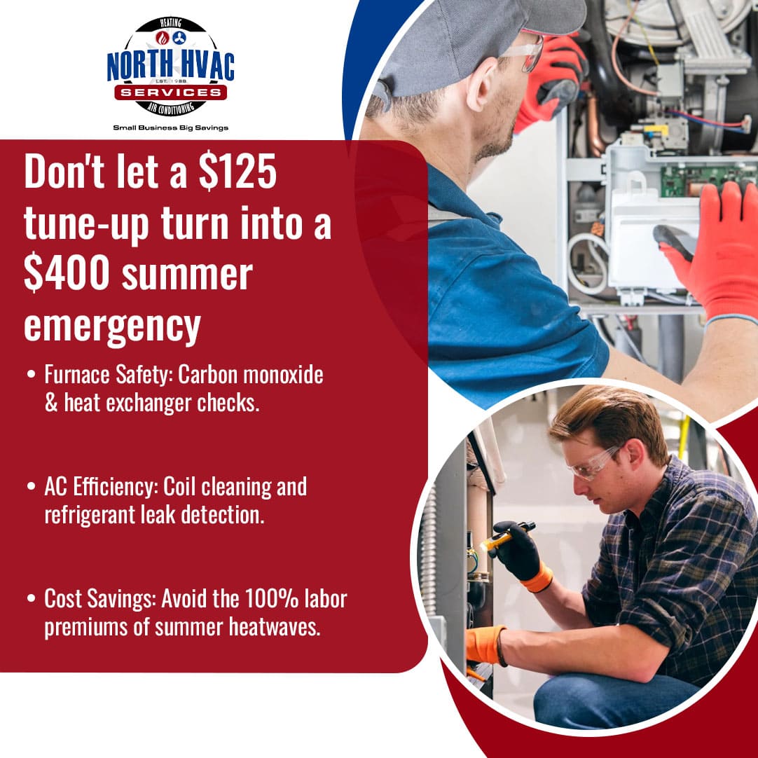 HVAC maintenance ad showing technicians at work, detailing benefits like furnace safety, AC efficiency, and cost savings for summer emergency prevention.