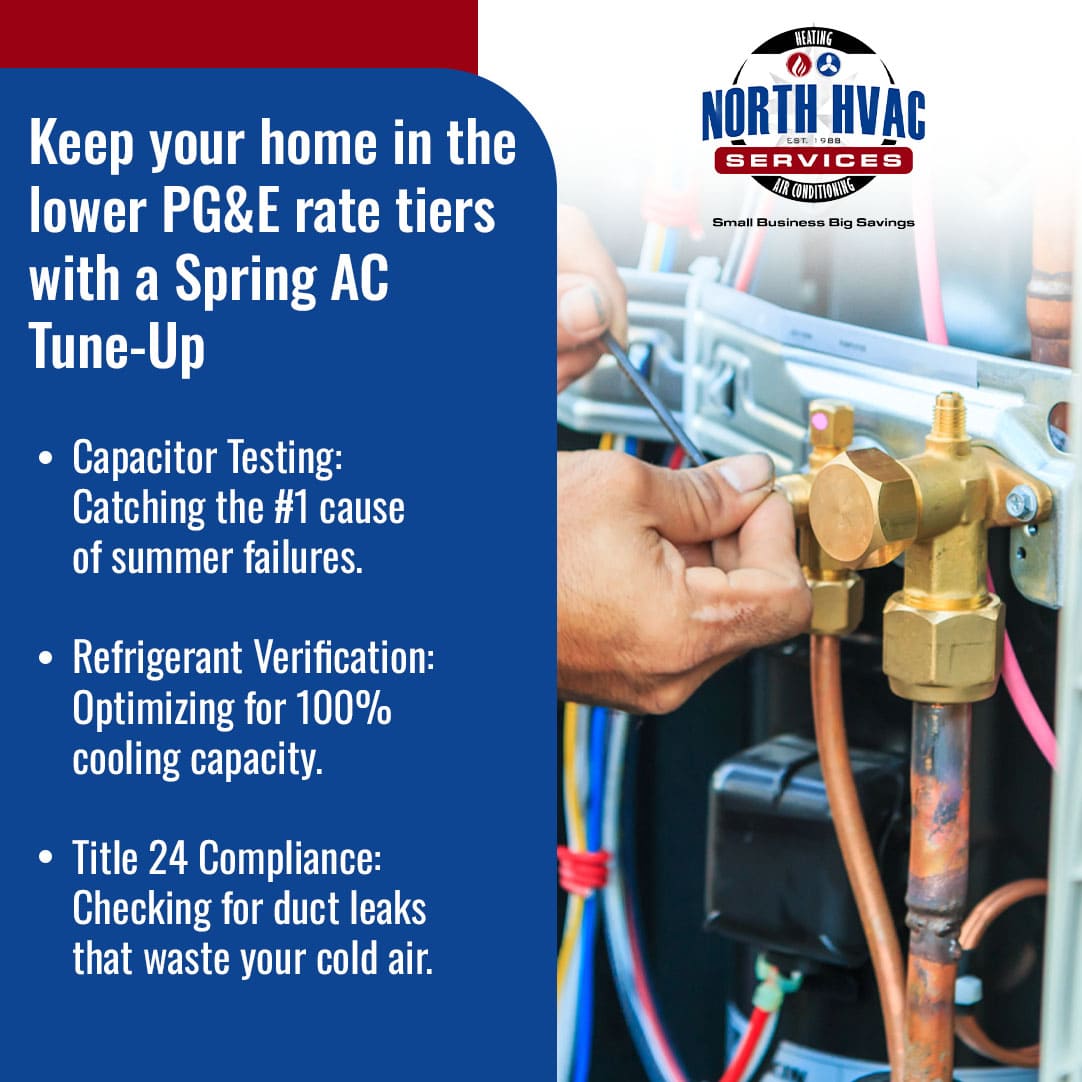 A person adjusts HVAC equipment next to text promoting a spring AC tune-up, including capacitor testing, refrigerant verification, and Title 24 duct compliance.