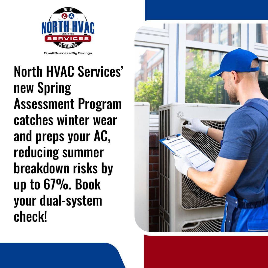 A technician inspects an outdoor AC unit with a clipboard. Text promotes North HVAC Services’ Spring Assessment Program to prevent summer breakdowns.