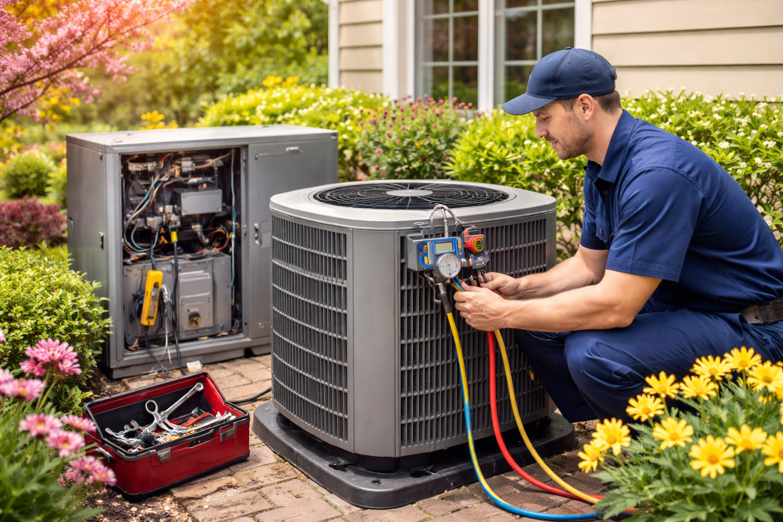 spring-hvac-maintenance-ac-unit-technician HVAC technician performing spring maintenance on residential air conditioning unit with tools outdoors