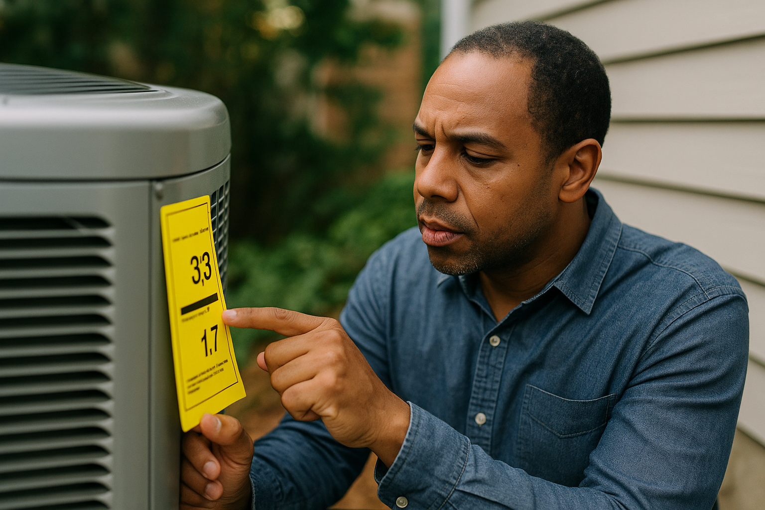 A man examines a yellow energy efficiency label on an outdoor air conditioning unit, pointing at the SEER ratings that highlight potential energy savings. A man examines a yellow energy efficiency label on an outdoor air conditioning unit, pointing at the SEER ratings that highlight potential energy savings.