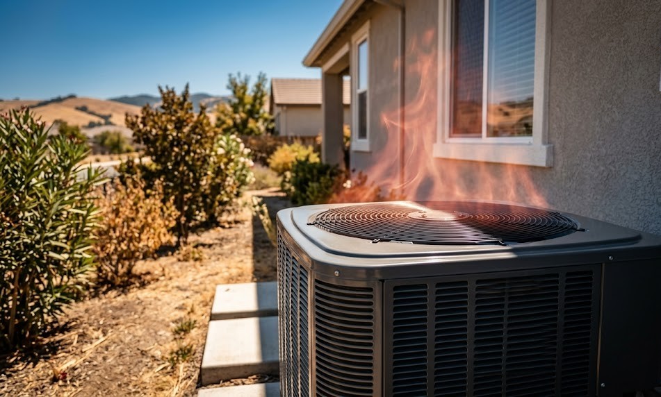 An air conditioning unit outside a house shows visible heat waves rising in the dry, sunny landscape—a clear reminder you may need AC repair to keep things cool. An air conditioning unit outside a house shows visible heat waves rising in the dry, sunny landscape—a clear reminder you may need AC repair to keep things cool.
