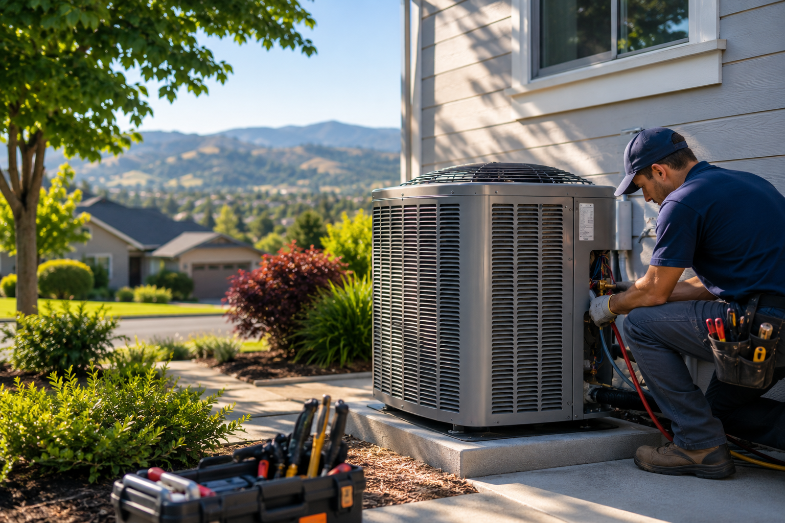 HVAC technician installing a central air conditioning unit outside a suburban home in Santa Rosa before summer heat