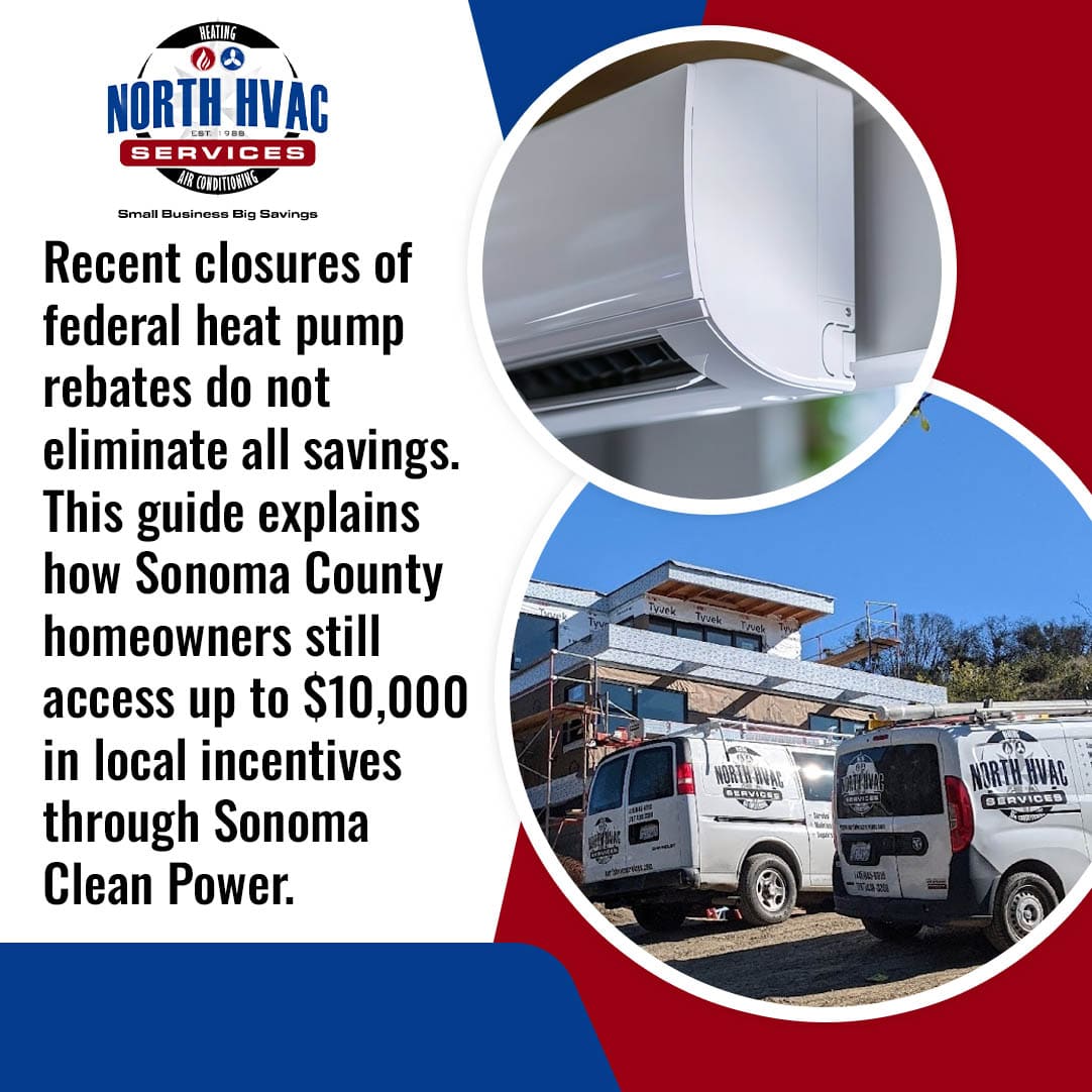 Heat pump installation and North HVAC Services vehicles supporting Sonoma County home energy upgrade incentives
