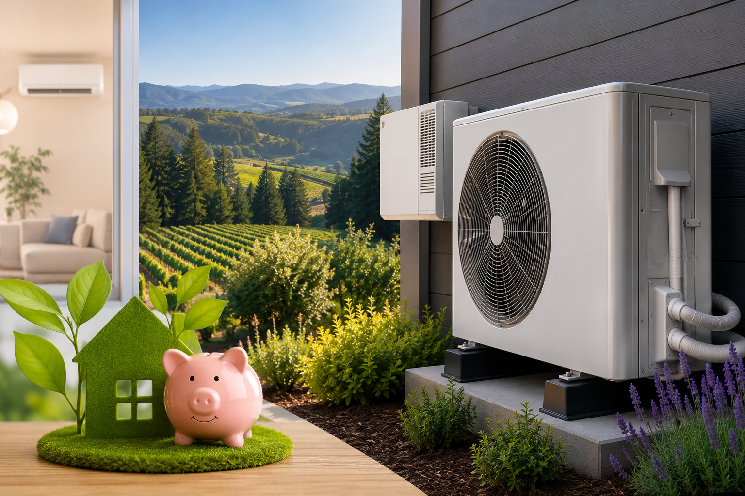 Modern energy-efficient heat pump installation outside a Sonoma County home with eco-friendly savings concept and scenic landscape