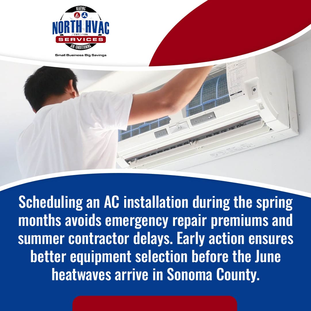 Technician installing a ductless mini split air conditioner during spring AC installation preparation in Sonoma County