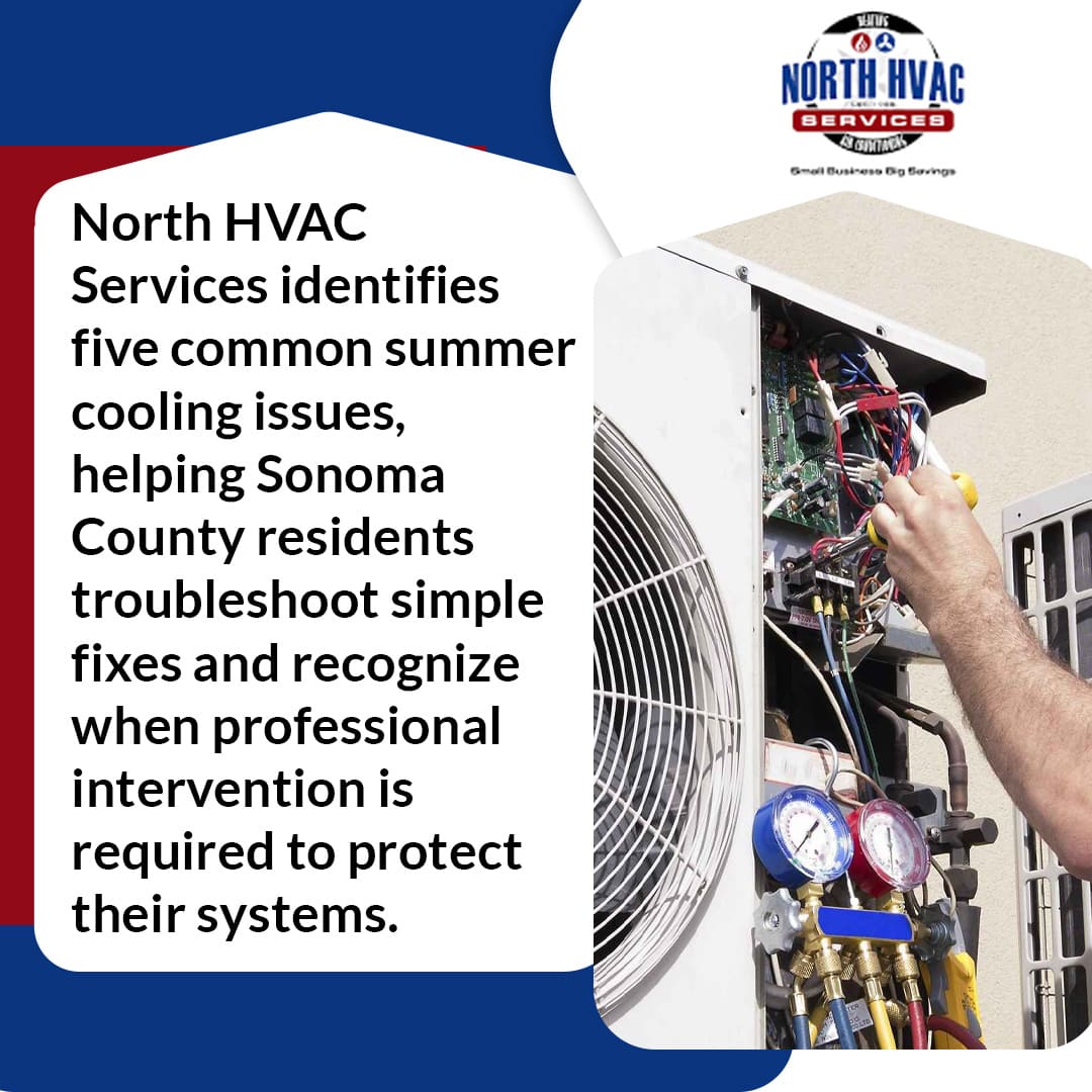 A technician repairs an outdoor HVAC unit with gauges attached; text highlights common summer cooling issues and solutions from North HVAC Services for Sonoma County residents.