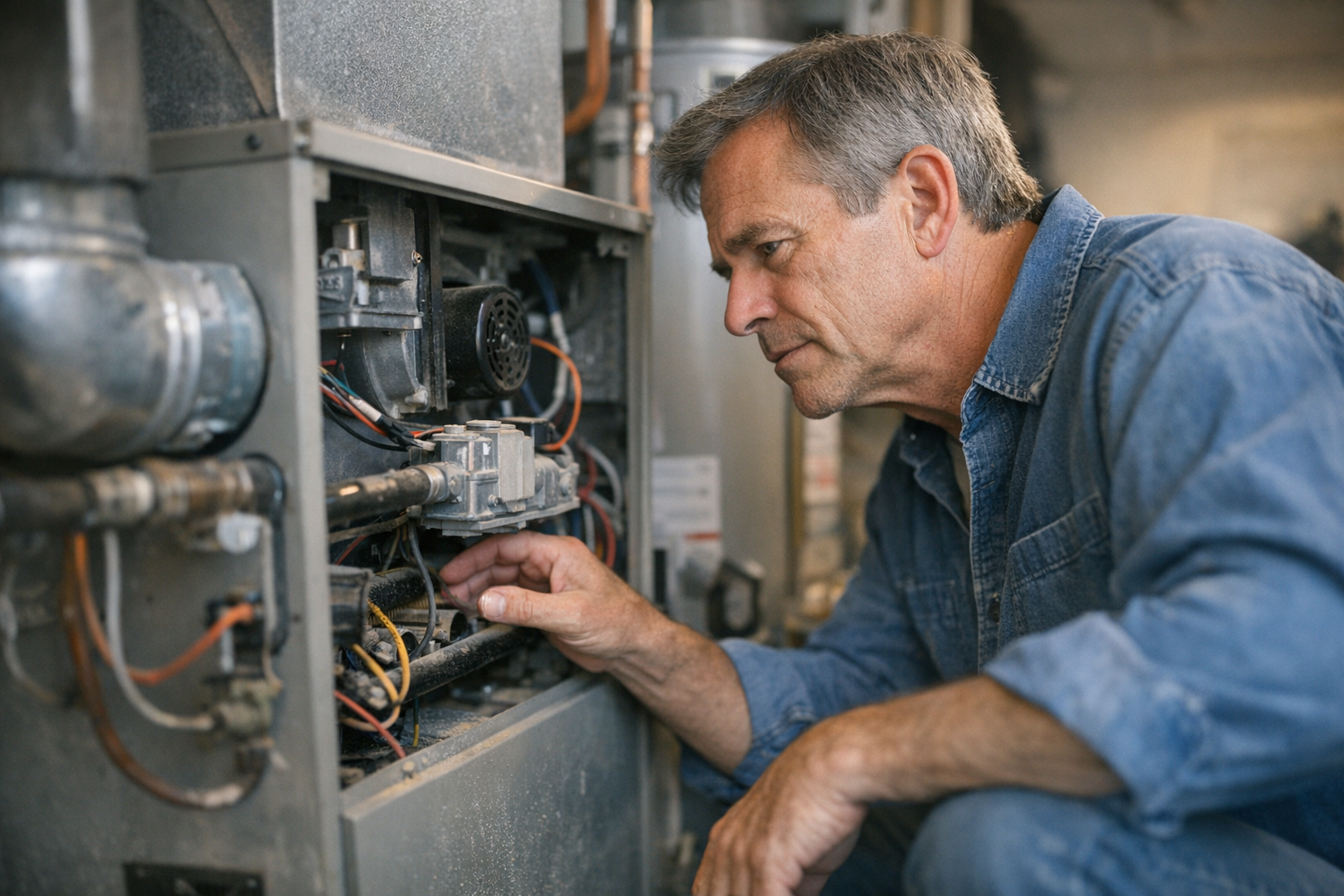 A man in a denim shirt inspects and repairs the wiring inside an open furnace unit, focusing on its internal components—a crucial step in furnace repairs that helps homeowners spot issues in advance.